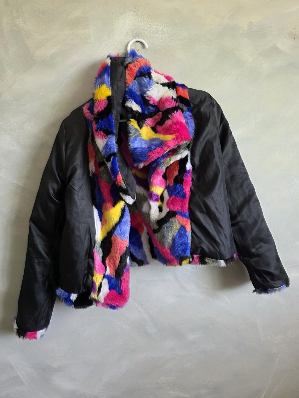 Multicolored Camo Pattern Faux Fur Wide Collar Open Front Crop Jacket S Women - Picture 9 of 11